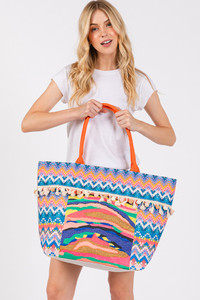 Abstract Boho and Bead Print Pom Pom Tote Bag