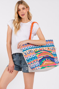 Abstract Boho and Bead Print Pom Pom Tote Bag