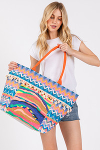 Abstract Boho and Bead Print Pom Pom Tote Bag