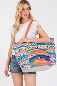 Abstract Boho and Bead Print Pom Pom Tote Bag