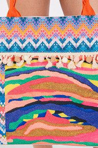 Abstract Boho and Bead Print Pom Pom Tote Bag