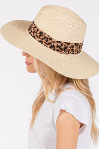 Leopard Trim Band Summer Straw Sun Hat