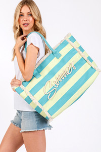 SUMMER Sewn Rope Striped Pattern Summer Tote Bag