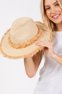 Frayed Band and Edge Trim Summer Straw Sun Hat
