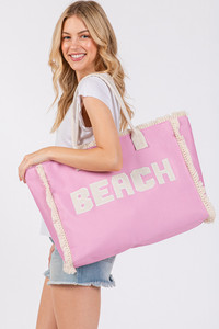 BEACH Embroidered Letter Fringe Summer Tote Bag