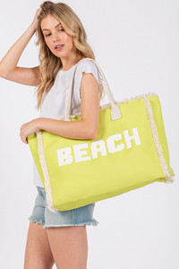 BEACH Embroidered Letter Fringe Summer Tote Bag