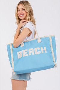 BEACH Embroidered Letter Fringe Summer Tote Bag