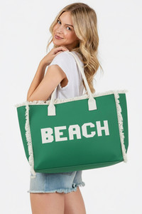 BEACH Embroidered Letter Fringe Summer Tote Bag