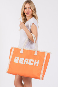 BEACH Embroidered Letter Fringe Summer Tote Bag