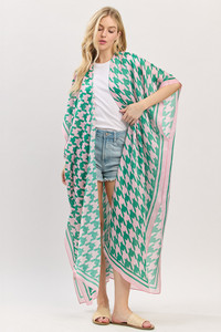 Houndstooth Pattern Open Front Long Kimono