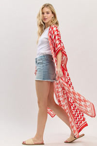 Houndstooth Pattern Open Front Long Kimono
