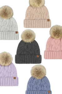CC BEANIE Solid Big Cable Pattern Knit Cuff Pom Beanie