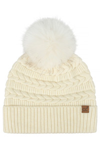 CC BEANIE Braided Pattern Faux Fur Pom Solid Beanie