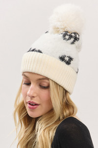 Plaid Pattern Fur Mixed Fleeced Pom Beanie Winter Hat
