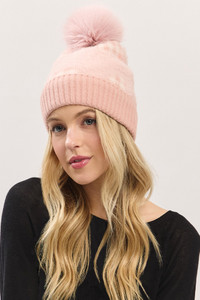 Plaid Pattern Fur Mixed Fleeced Pom Beanie Winter Hat
