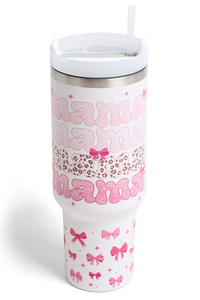 MAMA Pattern Lettering with Bows Pattern 40oz Handle Tumbler with Handle and Double Wall Stainless Steel
