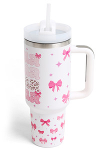 MAMA Pattern Lettering with Bows Pattern 40oz Handle Tumbler with Handle and Double Wall Stainless Steel
