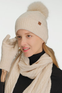 CC BEANIE Cable Knit Pattern Pom and Cuff Solid Beanie Winter Hat
