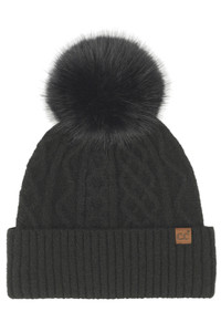 CC BEANIE Cable Knit Pattern Pom and Cuff Solid Beanie Winter Hat
