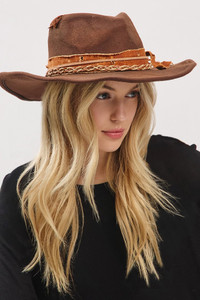 Rustic Cowgirl Fedora Hat with Distressed Fabric, Suede Band and Feather Vintage Safety Pin Deco
