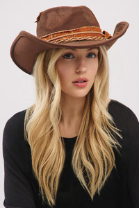 Rustic Cowgirl Fedora Hat with Distressed Fabric, Suede Band and Feather Vintage Safety Pin Deco
