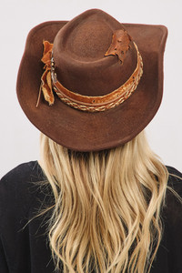 Rustic Cowgirl Fedora Hat with Distressed Fabric, Suede Band and Feather Vintage Safety Pin Deco
