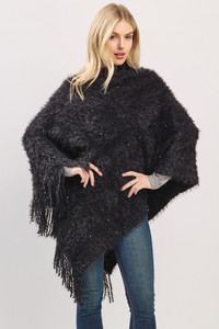 Fuzzy Sequin with Fringe Light Weight Solid Winter Poncho
