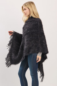 Fuzzy Sequin with Fringe Light Weight Solid Winter Poncho
