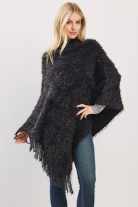 Fuzzy Sequin with Fringe Light Weight Solid Winter Poncho

