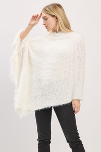 Fuzzy Sequin with Fringe Light Weight Solid Winter Poncho
