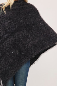 Fuzzy Sequin with Fringe Light Weight Solid Winter Poncho
