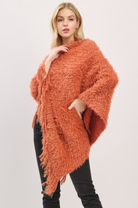Fuzzy Sequin with Fringe Light Weight Solid Winter Poncho
