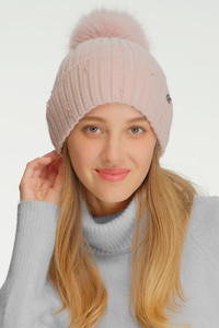CC BEANIE Glass Bead Embellishment with Faux Fur Pom Cuff Beanie Winter Hat
