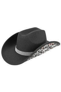 CC BEANIE Leopard Pattern Rhinestone Vegan Felt Cowboy Hat
