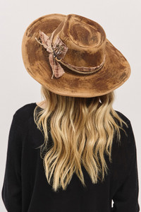 Rustic Cowgirl Cowboy Fedora Hat with Feather and Distressed Fabric Band
