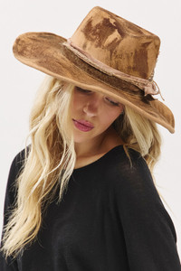 Rustic Cowgirl Cowboy Fedora Hat with Feather and Distressed Fabric Band
