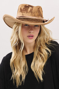 Rustic Cowgirl Cowboy Fedora Hat with Feather and Distressed Fabric Band
