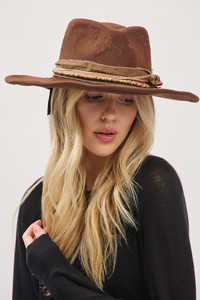 Rustic Vintage Style Cowgirl Cowboy Fedora Hat with Distressed Fabric Band
