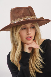 Rustic Vintage Style Cowgirl Cowboy Feather Fedora Hat with Distressed Fabric Band
