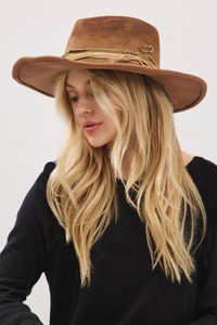 Rustic Cowgirl Fedora Hat with Distressed Fabric Band
