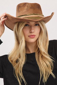 Rustic Cowgirl Fedora Hat with Distressed Fabric Band
