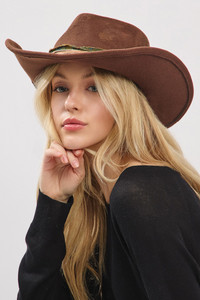 Rustic Cowgirl Fedora Hat with Distressed Fabric and Suede Band and Vintage Safety Pin Deco
