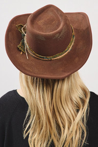 Rustic Cowgirl Fedora Hat with Distressed Fabric and Suede Band and Vintage Safety Pin Deco
