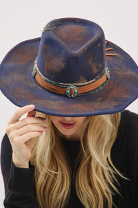Rustic Cowgirl Fedora Hat with Distressed Fabric and Suede Band and Turquoise Deco Coin Pendent
