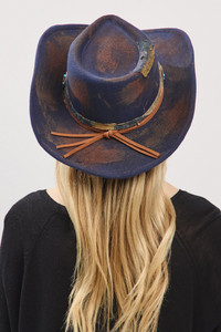 Rustic Cowgirl Fedora Hat with Distressed Fabric and Suede Band and Turquoise Deco Coin Pendent

