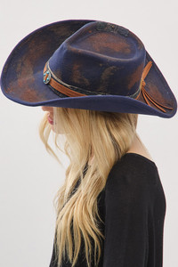 Rustic Cowgirl Fedora Hat with Distressed Fabric and Suede Band and Turquoise Deco Coin Pendent
