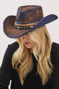 Rustic Cowgirl Fedora Hat with Distressed Fabric and Multi Band with Stone Deco
