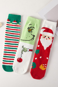Christmas Theme Santa, Grinch, and Christmas Stripe Pattern Cute Graphic Fuzzy Cozy Socks Gift Box

