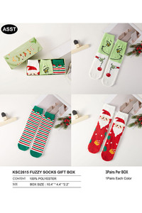 Christmas Theme Santa, Grinch, and Christmas Stripe Pattern Cute Graphic Fuzzy Cozy Socks Gift Box
