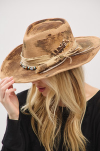 Distressed Fabric Band Feather Cowgirl Fedora Hat